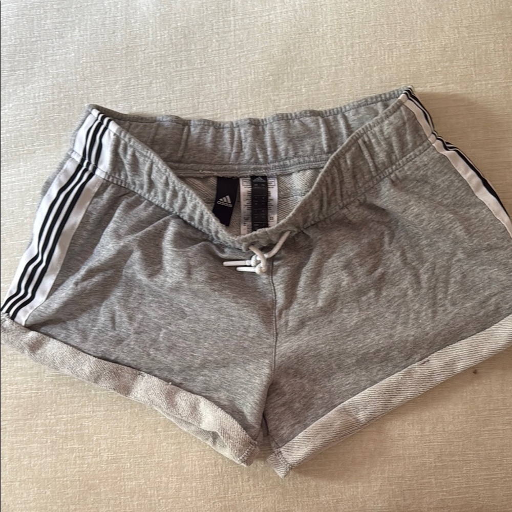 Adidas Gray Athletic Shorts with Stripes and Drawstring- rolled hem